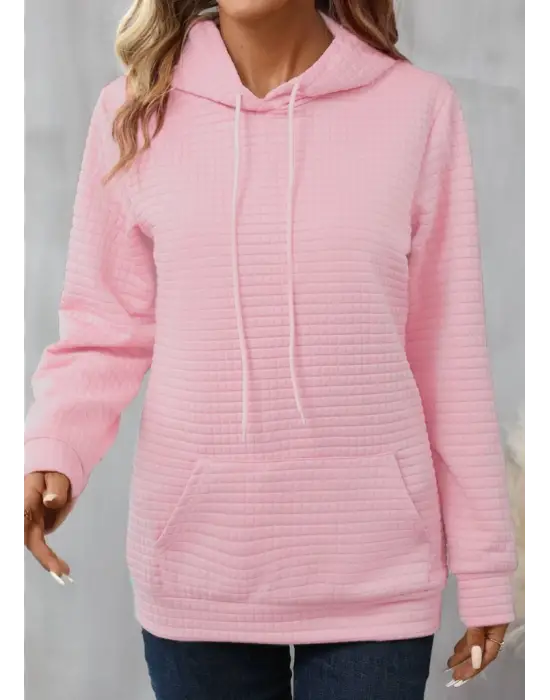 Kadın Uzun Kollu Kapşonlu Bağcıklı Cepli Capitone Sweatshirt