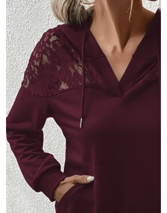 Kadın Uzun Kollu Kapşonlu Bağcıklı Dantelli Viskon Iki Iplik Bluz