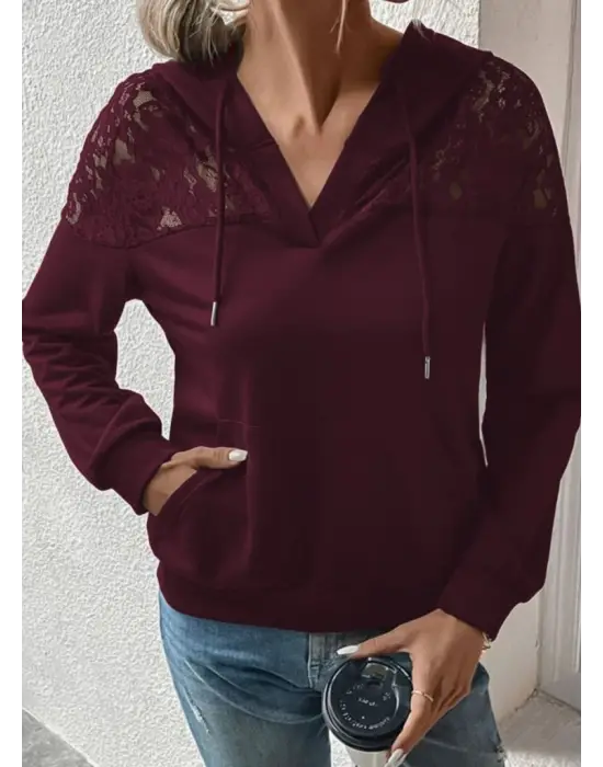 Kadın Uzun Kollu Kapşonlu Bağcıklı Dantelli Viskon Iki Iplik Bluz