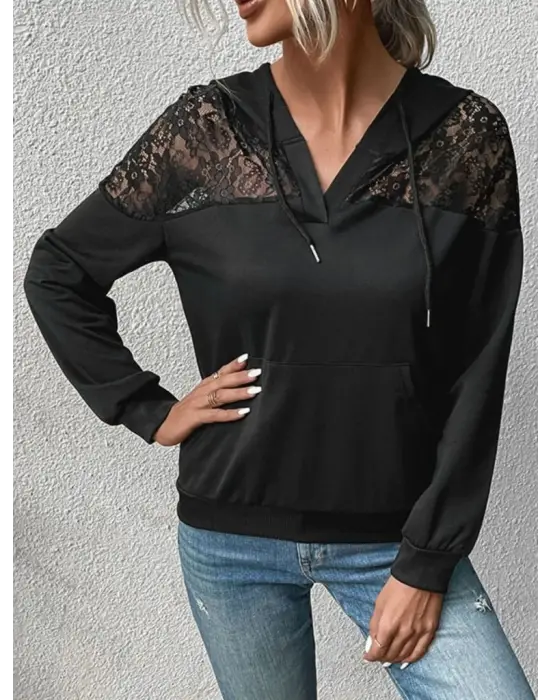 Kadın Uzun Kollu Kapşonlu Bağcıklı Dantelli Viskon Iki Iplik Bluz