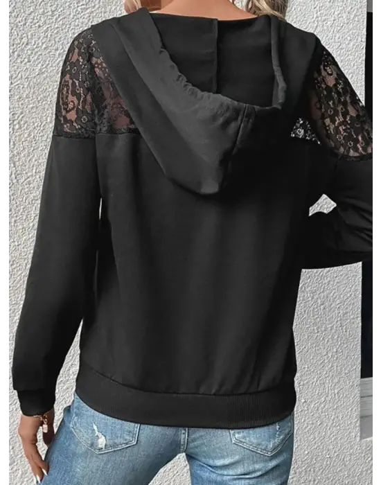Kadın Uzun Kollu Kapşonlu Bağcıklı Dantelli Viskon Iki Iplik Bluz