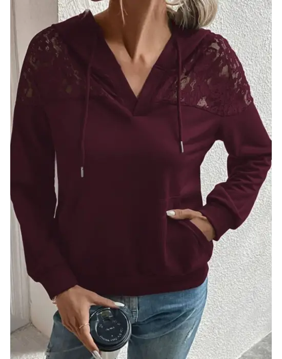 Kadın Uzun Kollu Kapşonlu Bağcıklı Dantelli Viskon Iki Iplik Bluz