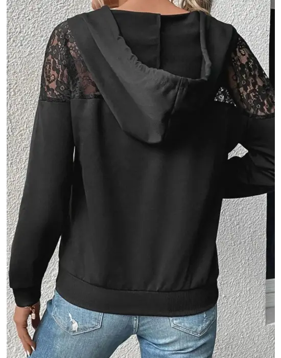 Kadın Uzun Kollu Kapşonlu Bağcıklı Dantelli Viskon Iki Iplik Bluz
