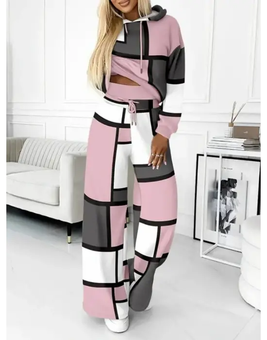 Kadın Uzun Kollu Kapşonlu Bağcıklı Desenli Iki Iplik Bluz Ve Pantolon Ikili Takım