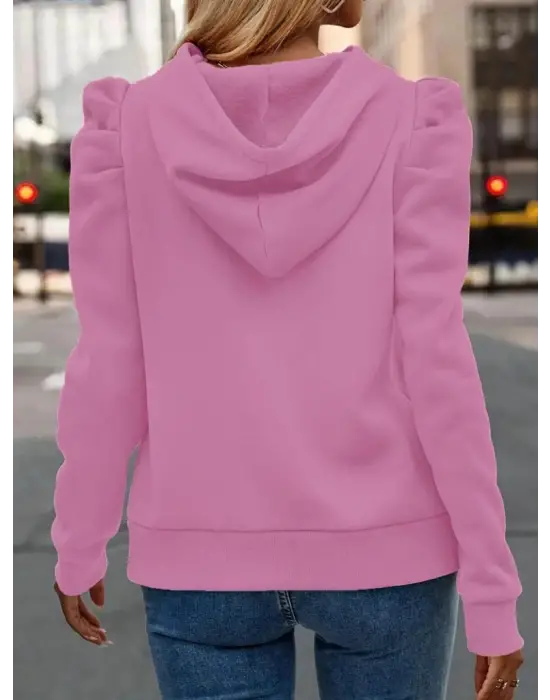 Kadın Uzun Kollu Kapşonlu Bağcıklı Kollarda Büzgü Detaylı Iki Iplik Bluz