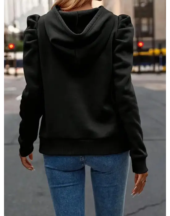 Kadın Uzun Kollu Kapşonlu Bağcıklı Kollarda Büzgü Detaylı Iki Iplik Bluz