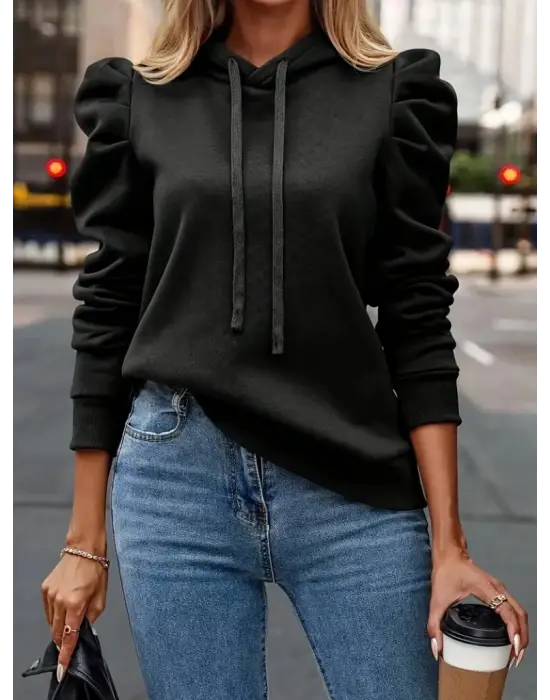 Kadın Uzun Kollu Kapşonlu Bağcıklı Kollarda Büzgü Detaylı Iki Iplik Bluz