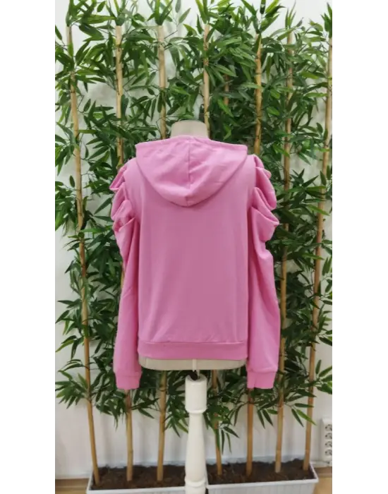 Kadın Uzun Kollu Kapşonlu Bağcıklı Kollarda Büzgü Detaylı Iki Iplik Bluz