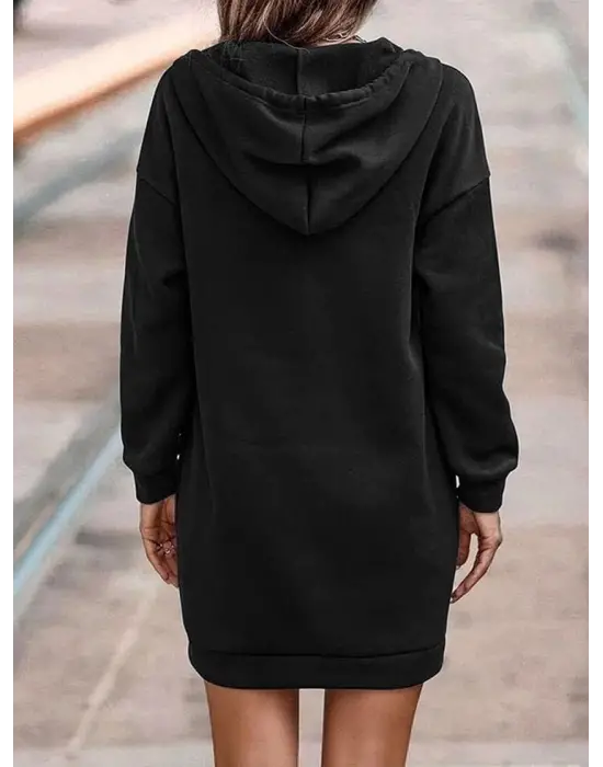 Kadın Uzun Kollu Kapşonlu Bağcıklı önden Düğmeli Ve Cepli Iki Iplik şardonlu Elbise