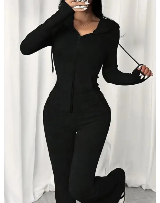 Kadın Uzun Kollu Kapşonlu Bağcıklı önü Fermuarlı Viskon Iki Iplik Bluz Ve Pantolon Ikili Takım