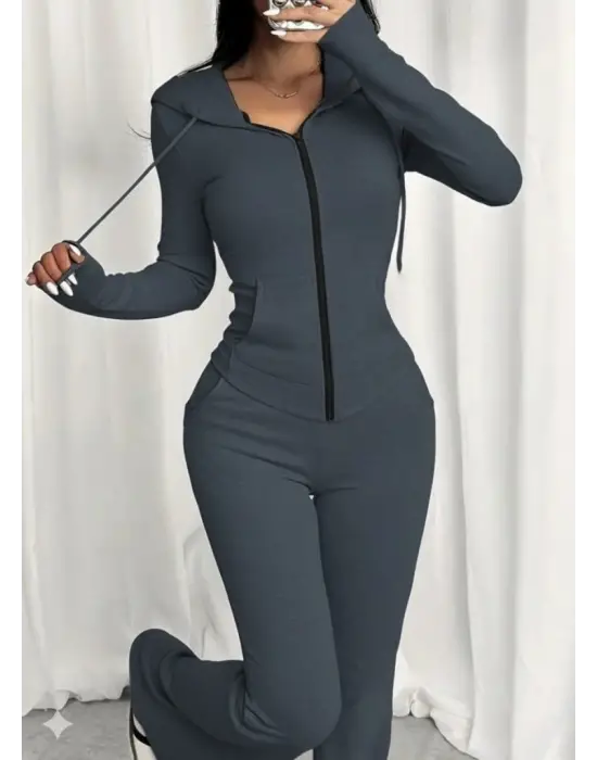 Kadın Uzun Kollu Kapşonlu Bağcıklı önü Fermuarlı Viskon Iki Iplik Bluz Ve Pantolon Ikili Takım