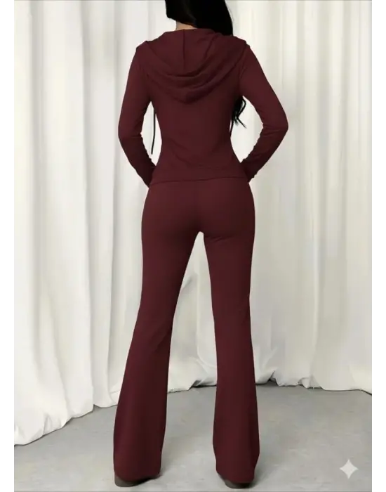 Kadın Uzun Kollu Kapşonlu Bağcıklı önü Fermuarlı Viskon Iki Iplik Bluz Ve Pantolon Ikili Takım