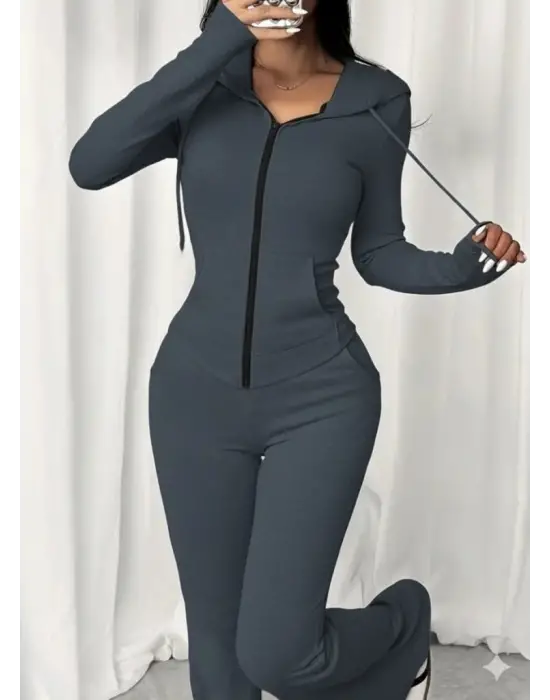 Kadın Uzun Kollu Kapşonlu Bağcıklı önü Fermuarlı Viskon Iki Iplik Bluz Ve Pantolon Ikili Takım