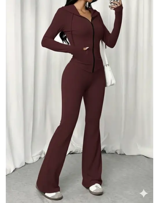 Kadın Uzun Kollu Kapşonlu Bağcıklı önü Fermuarlı Viskon Iki Iplik Bluz Ve Pantolon Ikili Takım