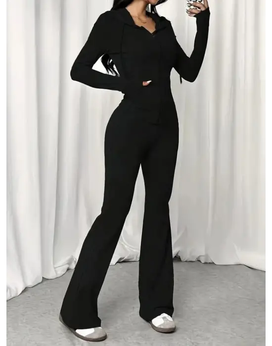 Kadın Uzun Kollu Kapşonlu Bağcıklı önü Fermuarlı Viskon Iki Iplik Bluz Ve Pantolon Ikili Takım