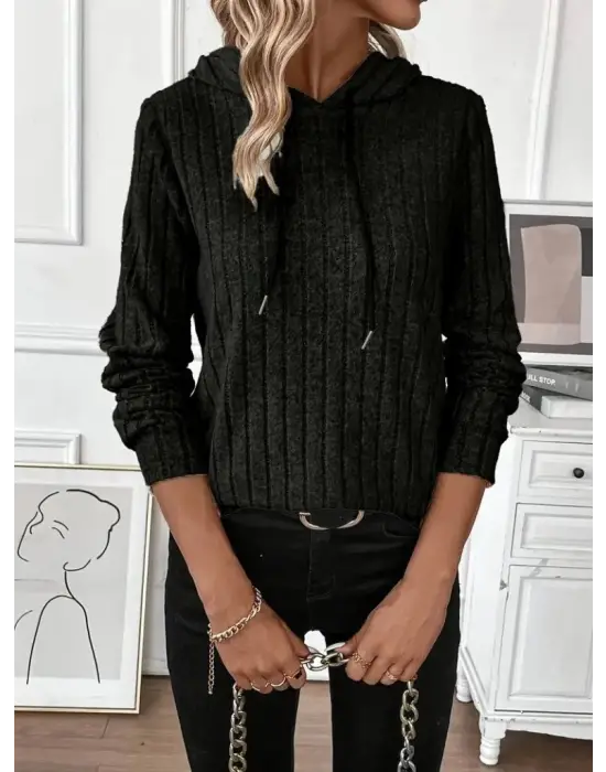 Kadın Uzun Kollu Kapşonlu Bağcıklı şardonlu Kaşkorse Bluz