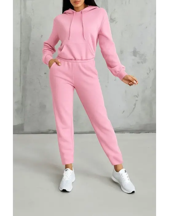 Kadın Uzun Kollu Kapşonlu Bağcıklı üç Iplik Bluz Ve Pantolon Ikili Takım