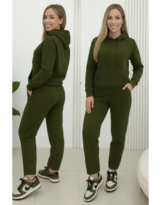 Kadın Uzun Kollu Kapşonlu Bağcıklı üç Iplik Bluz Ve Pantolon Ikili Takım