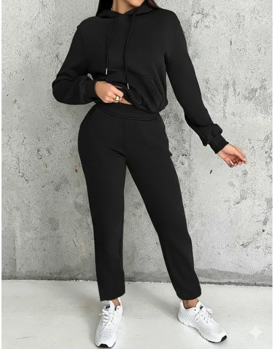 Kadın Uzun Kollu Kapşonlu Bağcıklı üç Iplik Bluz Ve Pantolon Ikili Takım