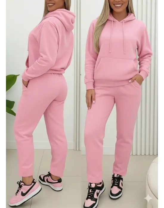 Kadın Uzun Kollu Kapşonlu Bağcıklı üç Iplik Bluz Ve Pantolon Ikili Takım