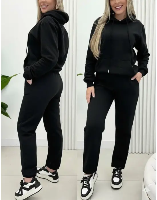 Kadın Uzun Kollu Kapşonlu Bağcıklı üç Iplik Bluz Ve Pantolon Ikili Takım