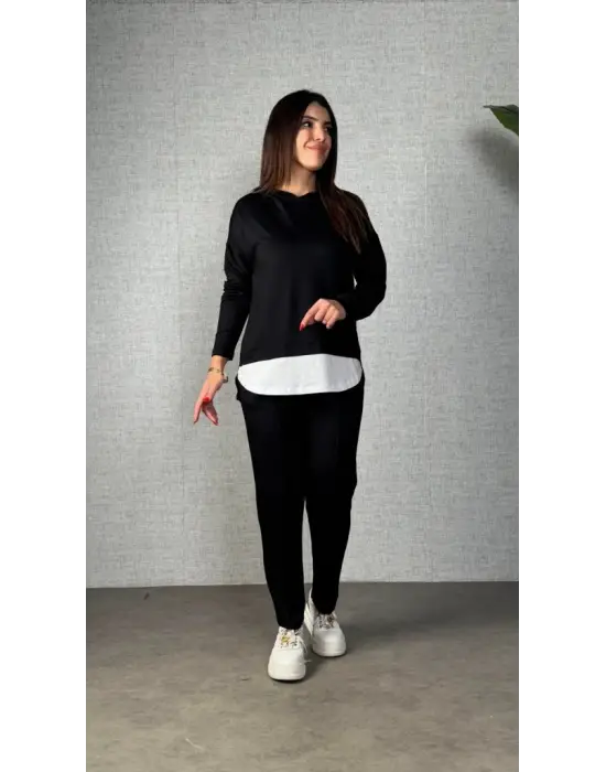 Kadın Uzun Kollu Kapşonlu Bağcıklı Viskon Iki Iplik Bluz Ve Pantolon Ikili Takım