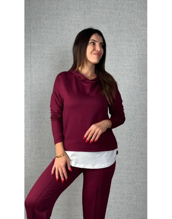 Kadın Uzun Kollu Kapşonlu Bağcıklı Viskon Iki Iplik Bluz Ve Pantolon Ikili Takım