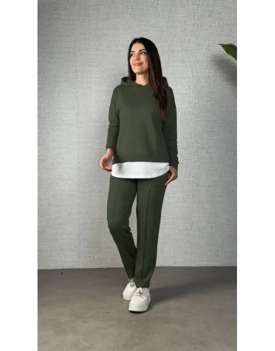 Kadın Uzun Kollu Kapşonlu Bağcıklı Viskon Iki Iplik Bluz Ve Pantolon Ikili Takım