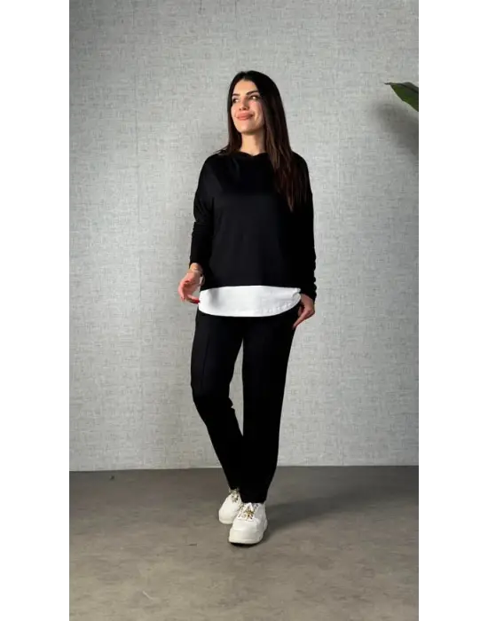 Kadın Uzun Kollu Kapşonlu Bağcıklı Viskon Iki Iplik Bluz Ve Pantolon Ikili Takım