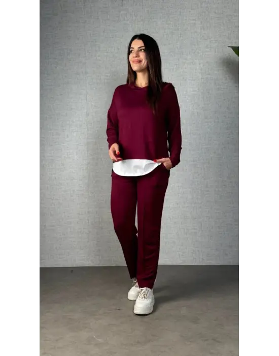 Kadın Uzun Kollu Kapşonlu Bağcıklı Viskon Iki Iplik Bluz Ve Pantolon Ikili Takım