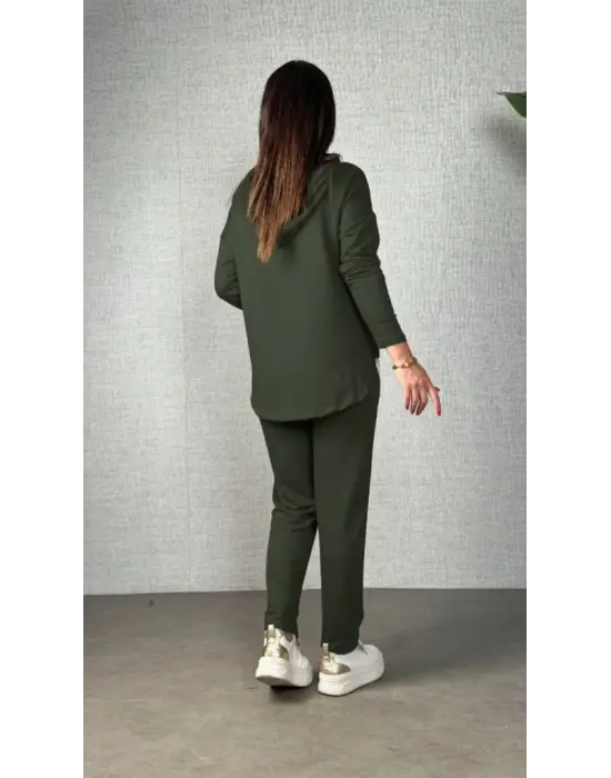 Kadın Uzun Kollu Kapşonlu Bağcıklı Viskon Iki Iplik Bluz Ve Pantolon Ikili Takım