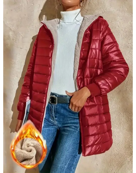 Kadın Uzun Kollu Kapşonlu Cep Detaylı Fermuarlı Orta Boy Mont