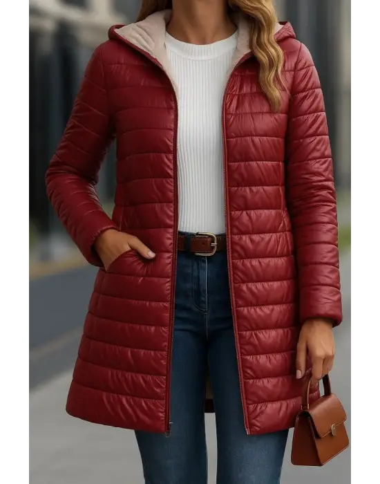 Kadın Uzun Kollu Kapşonlu Cep Detaylı Fermuarlı Orta Boy Mont