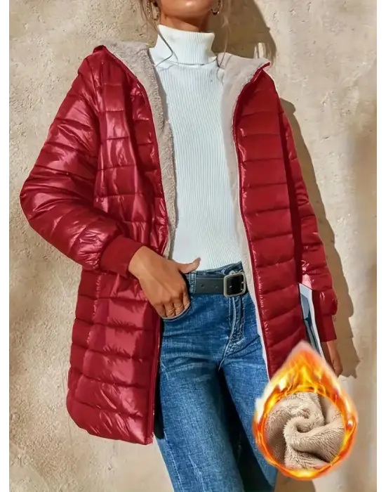 Kadın Uzun Kollu Kapşonlu Cep Detaylı Fermuarlı Orta Boy Mont