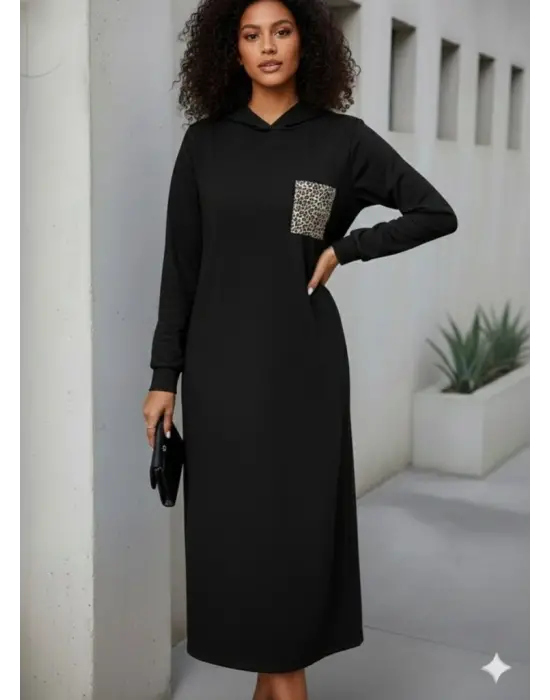 Kadın Uzun Kollu Kapşonlu Cep Detaylı Viskon Iki Iplik Maxi Elbise