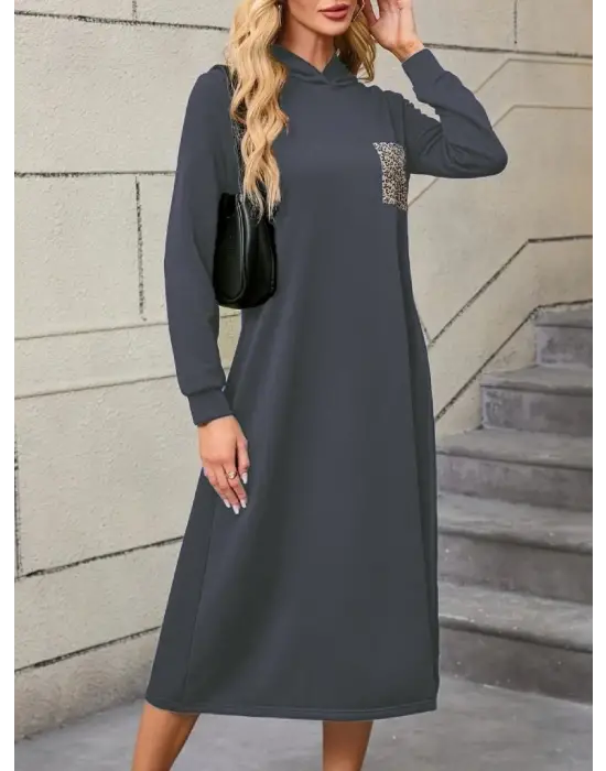 Kadın Uzun Kollu Kapşonlu Cep Detaylı Viskon Iki Iplik Maxi Elbise