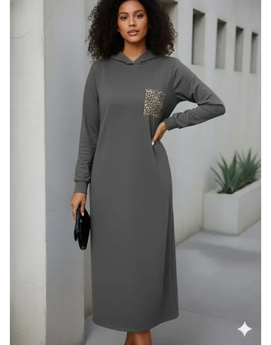 Kadın Uzun Kollu Kapşonlu Cep Detaylı Viskon Iki Iplik Maxi Elbise