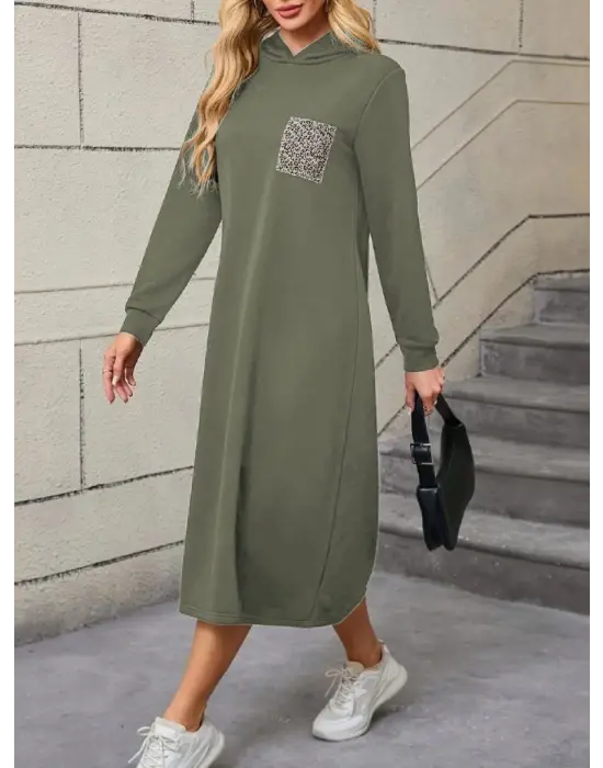 Kadın Uzun Kollu Kapşonlu Cep Detaylı Viskon Iki Iplik Maxi Elbise