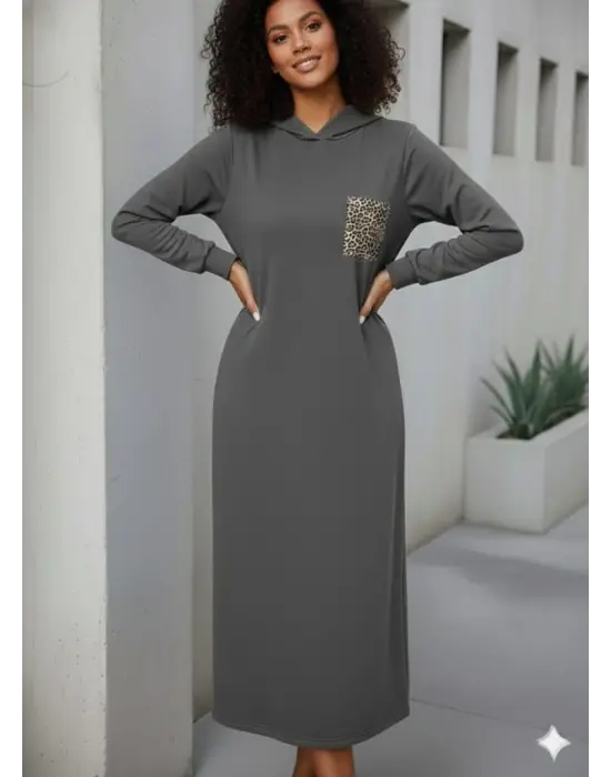 Kadın Uzun Kollu Kapşonlu Cep Detaylı Viskon Iki Iplik Maxi Elbise