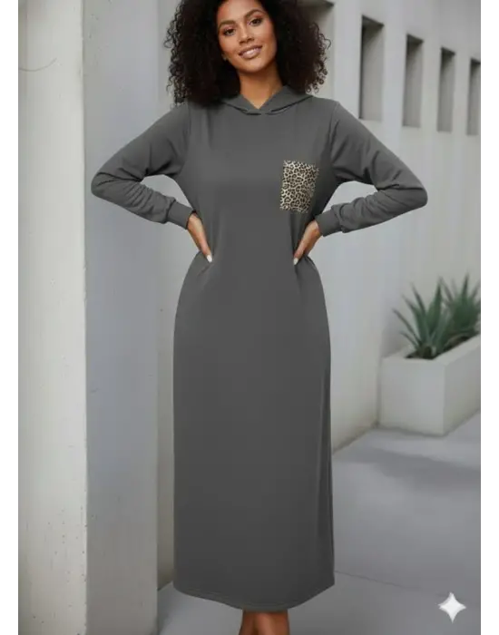 Kadın Uzun Kollu Kapşonlu Cep Detaylı Viskon Iki Iplik Maxi Elbise