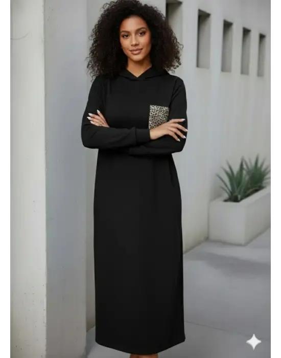 Kadın Uzun Kollu Kapşonlu Cep Detaylı Viskon Iki Iplik Maxi Elbise