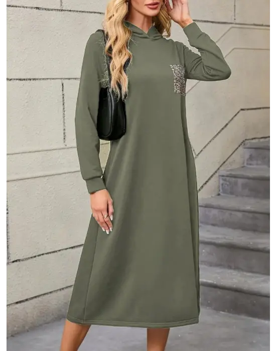 Kadın Uzun Kollu Kapşonlu Cep Detaylı Viskon Iki Iplik Maxi Elbise