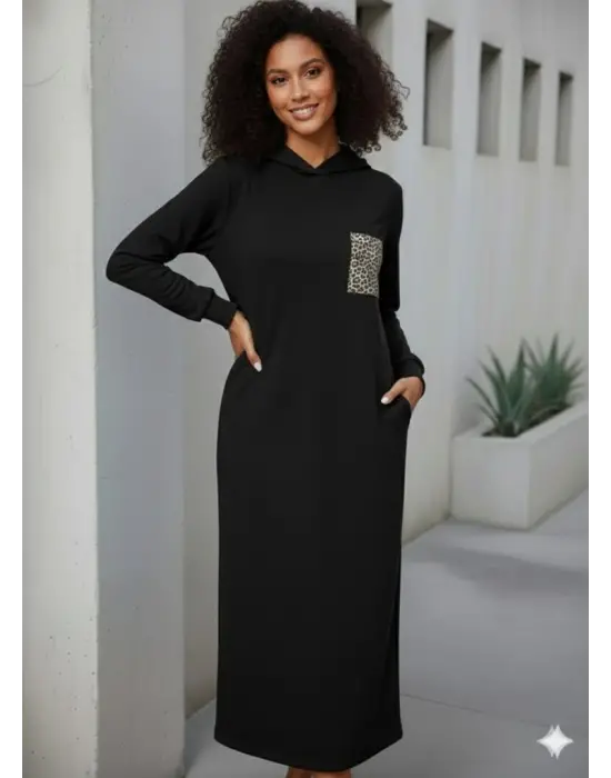 Kadın Uzun Kollu Kapşonlu Cep Detaylı Viskon Iki Iplik Maxi Elbise