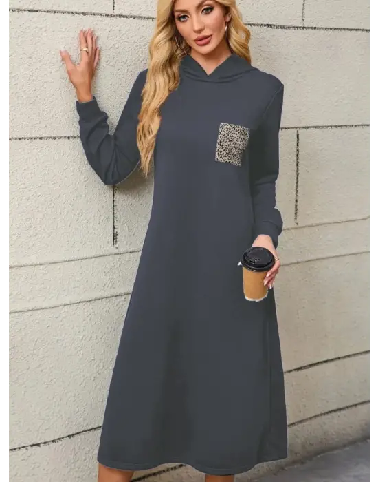 Kadın Uzun Kollu Kapşonlu Cep Detaylı Viskon Iki Iplik Maxi Elbise