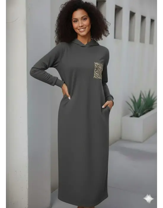 Kadın Uzun Kollu Kapşonlu Cep Detaylı Viskon Iki Iplik Maxi Elbise