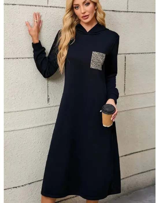 Kadın Uzun Kollu Kapşonlu Cep Detaylı Viskon Iki Iplik Maxi Elbise