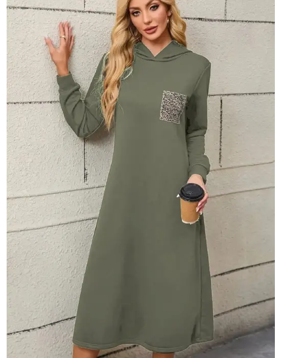 Kadın Uzun Kollu Kapşonlu Cep Detaylı Viskon Iki Iplik Maxi Elbise