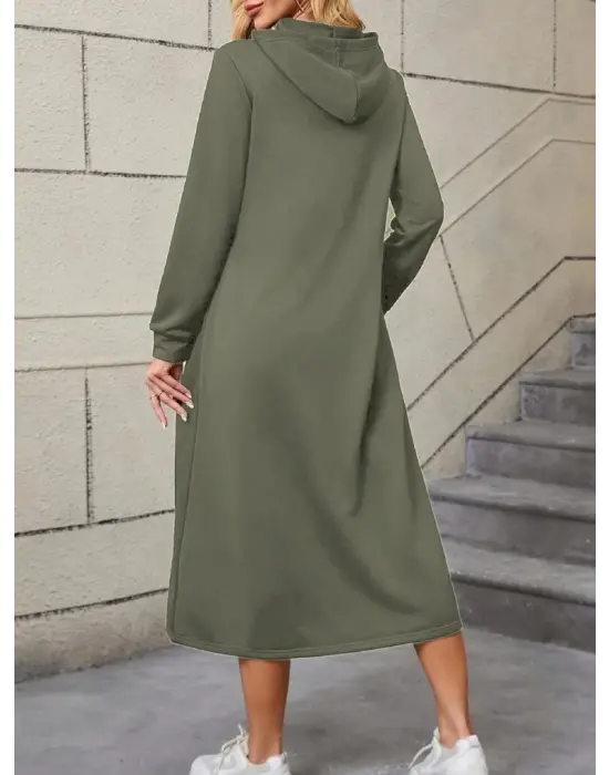 Kadın Uzun Kollu Kapşonlu Cep Detaylı Viskon Iki Iplik Maxi Elbise