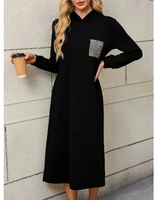 Kadın Uzun Kollu Kapşonlu Cep Detaylı Viskon Iki Iplik Maxi Elbise