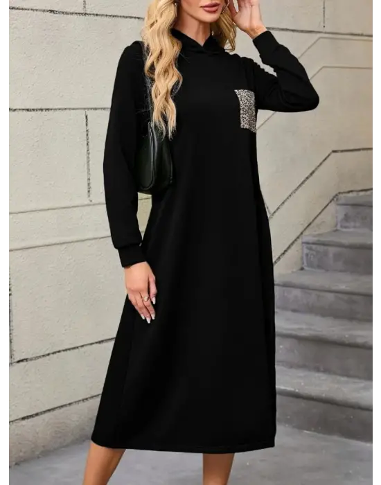 Kadın Uzun Kollu Kapşonlu Cep Detaylı Viskon Iki Iplik Maxi Elbise